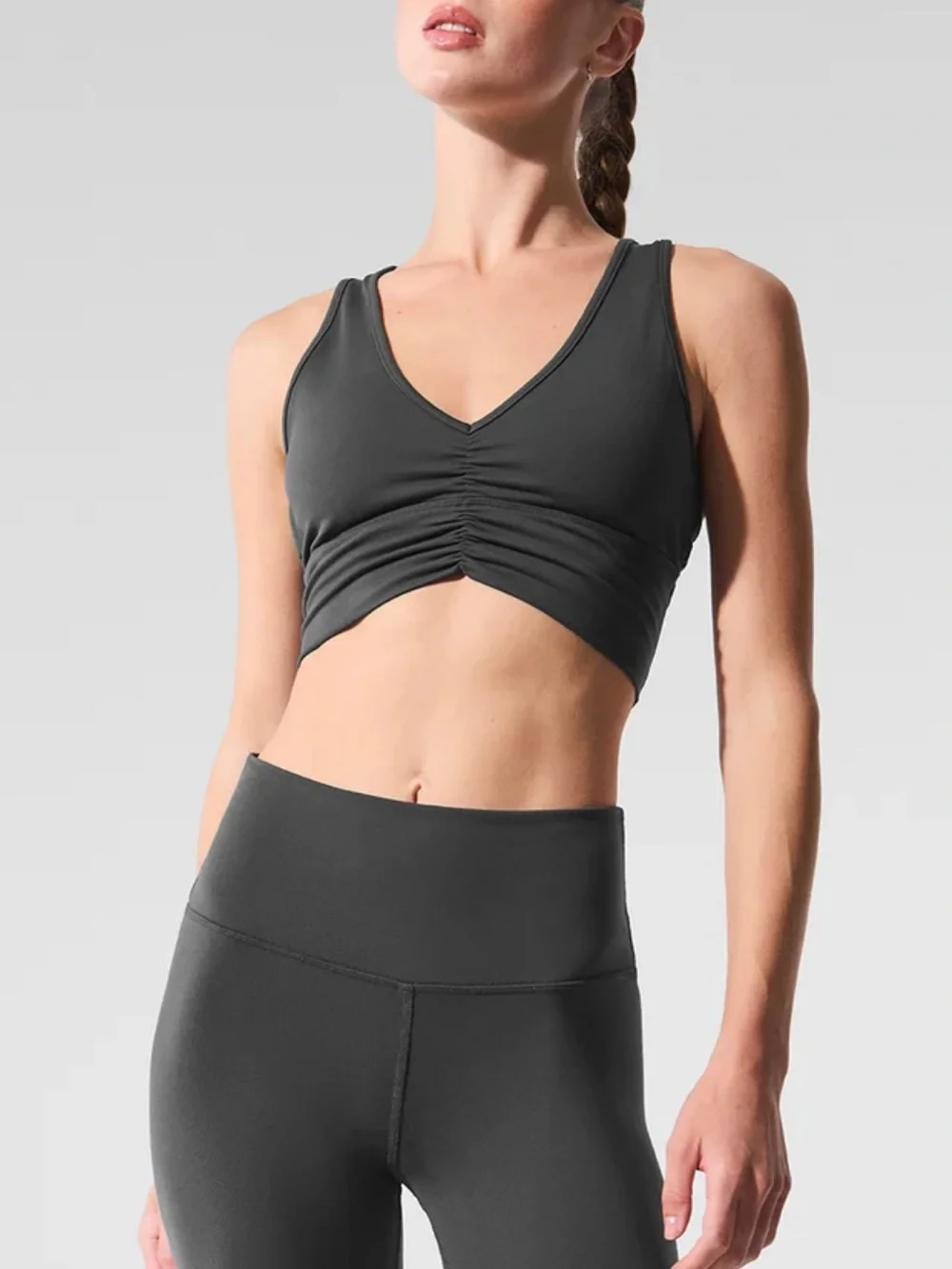 Alo Yoga Charcoal Gray Wild Thing Ruched V-Neck Crop Sports Bra Size S